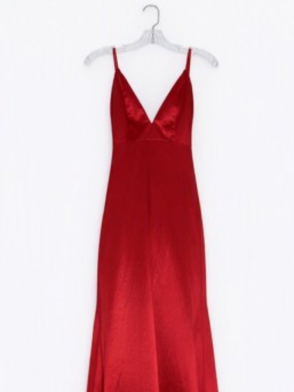 Red Sateen Maxi Gown with V-Neckline, Open Back & Flair Bottom